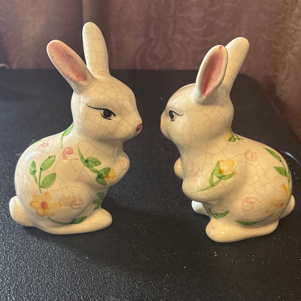 Floral Crackle Glaze Ceramic Bunny Rabbit Figurines Set of 2 Cottagecore